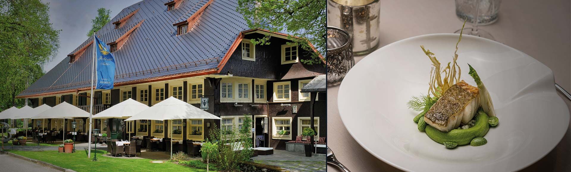 Schwarzwaldhaus mit Terrasse und Gericht Kabeljau auf Spinatmousseline und Fencheltartar