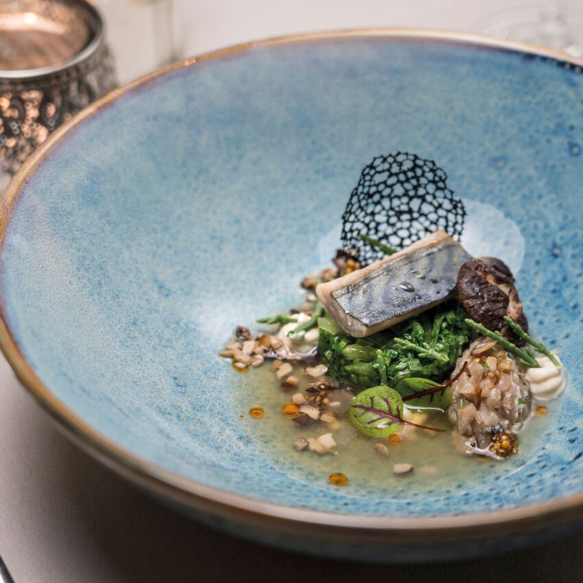 Starter Mackerel with mackerel mackerel tartare dashi brew kombu seaweed miso cream shiitake mushroom and pak choi