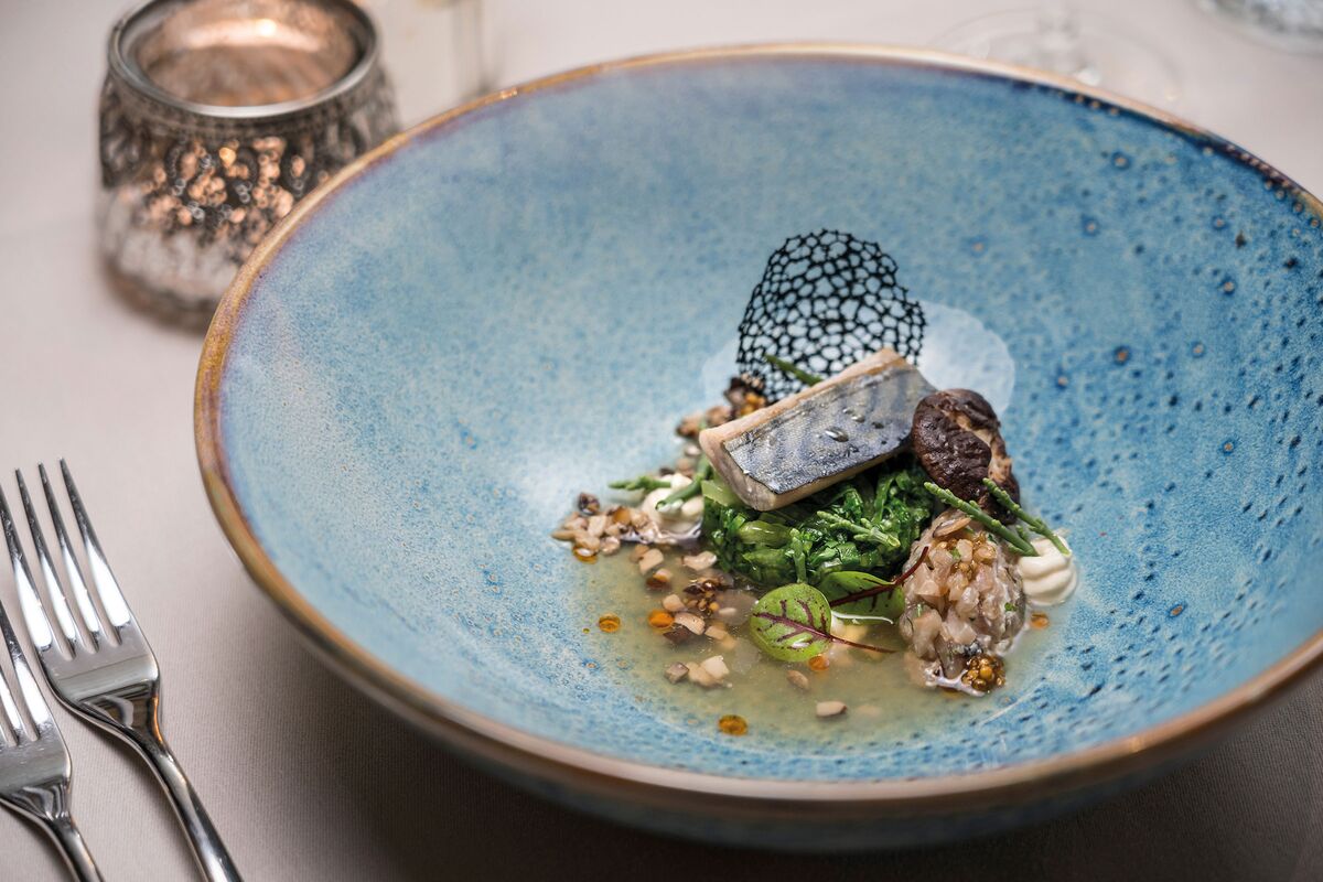 Vorspeise geflämmte Makrele Makrelentatar Dashi Sud Kombu Seetang Misocreme Shiitake Pilz und Pak Choi